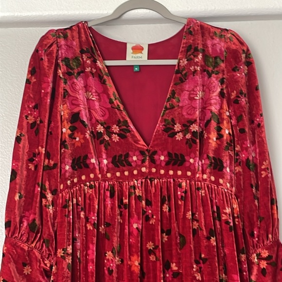 NWOT FARM Rio Red Velvet Long Sleeve Button Cuff Romantic Garden Dress Medium - Picture 3 of 11